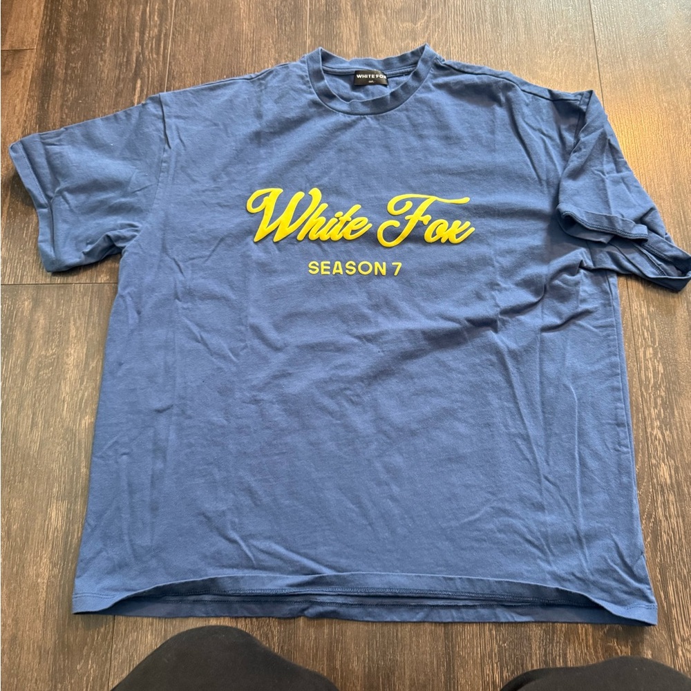 White Fox Boutique Blue Tee with Yellow Script Logo